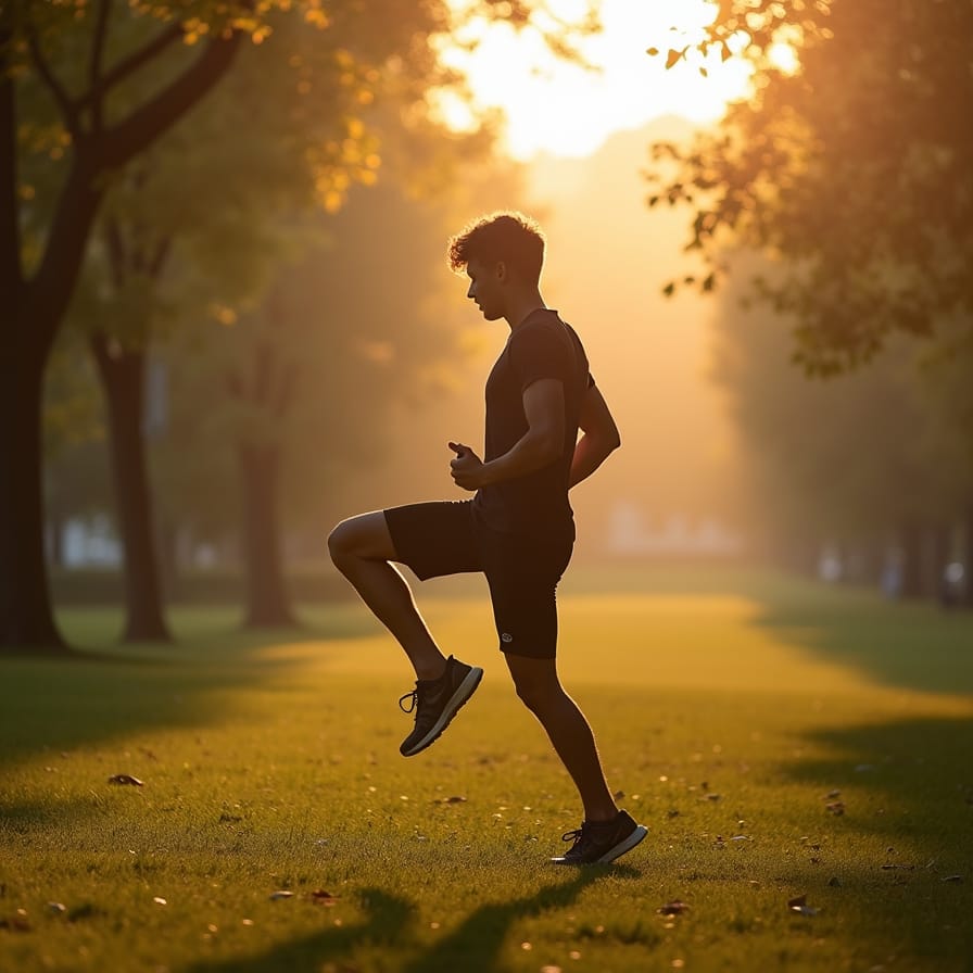 Uma pessoa, talvez de costas, em uma pose de alongamento dinâmico suave, como um balanço de perna, em um ambiente natural e tranquilo, como um parque ao amanhecer. A luz é suave e inspira calma e movimento. Uma pessoa, talvez de costas, em uma pose de alongamento dinâmico suave, como um balanço de perna, em um ambiente natural e tranquilo, como um parque ao amanhecer. A luz é suave e inspira calma e movimento.