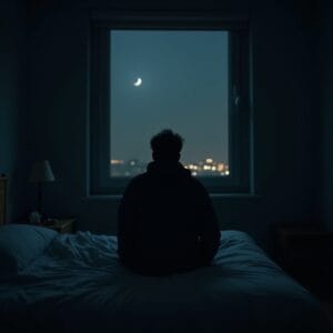 Uma pessoa sentada na beira da cama em um quarto escuro, olhando pela janela com expressão de cansaço, simbolizando a insônia noturna. O ambiente transmite solidão e a passagem do tempo.