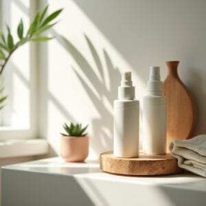 Uma prateleira de banheiro organizada e minimalista com uma seleção de produtos de skincare com embalagens modernas (um sérum, um hidratante em gel, uma bruma facial). A cena é iluminada por uma luz suave e natural, e há uma pequena planta suculenta ao lado, transmitindo uma sensação de calma, bemestar e rotina.