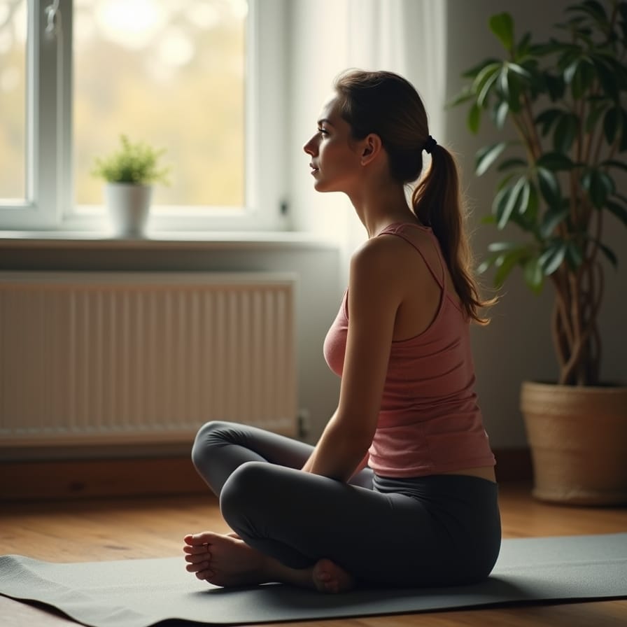 Uma pessoa de aparência real, com roupas de ginástica, sentada em um tapete de yoga em sua sala. Ela não está se exercitando, mas olhando pela janela com uma expressão pensativa e esperançosa, como se estivesse planejando uma nova abordagem para sua saúde. A luz da manhã entra suavemente, criando uma atmosfera calma e de recomeço. Uma pessoa de aparência real, com roupas de ginástica, sentada em um tapete de yoga em sua sala. Ela não está se exercitando, mas olhando pela janela com uma expressão pensativa e esperançosa, como se estivesse planejando uma nova abordagem para sua saúde. A luz da manhã entra suavemente, criando uma atmosfera calma e de recomeço.