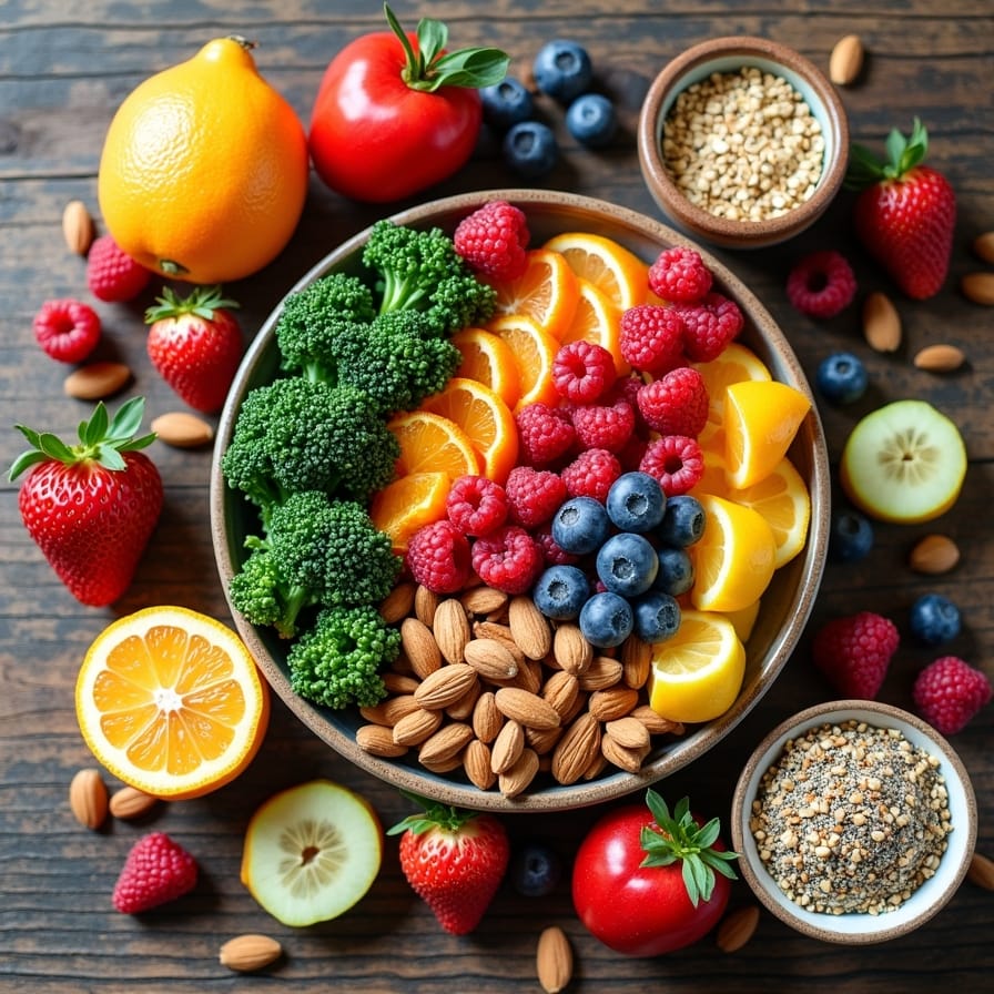 Uma composição vibrante e apetitosa de alimentos frescos e coloridos dispostos sobre uma mesa de madeira clara ou uma tábua de corte rústica. Inclui frutas (maçãs, mirtilos, laranjas fatiadas), vegetais de folhas verdes (espinafre, couve), grãos integrais (aveia em uma tigela pequena), nozes e sementes em potes de vidro. A luz natural realça a frescura dos alimentos, transmitindo uma sensação de vitalidade, saúde e abundância. Uma composição vibrante e apetitosa de alimentos frescos e coloridos dispostos sobre uma mesa de madeira clara ou uma tábua de corte rústica. Inclui frutas (maçãs, mirtilos, laranjas fatiadas), vegetais de folhas verdes (espinafre, couve), grãos integrais (aveia em uma tigela pequena), nozes e sementes em potes de vidro. A luz natural realça a frescura dos alimentos, transmitindo uma sensação de vitalidade, saúde e abundância.