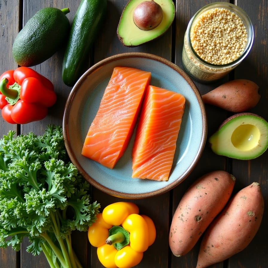 Uma imagem vibrante e colorida, em vista de cima (flat lay), de ingredientes frescos sobre uma mesa de madeira rústica. Inclui folhas verdes como couve, pimentões coloridos, abacates, um filé de salmão, quinoa em um pote e batatasdoces. Tudo está lindamente arranjado, pronto para o preparo. Uma imagem vibrante e colorida, em vista de cima (flat lay), de ingredientes frescos sobre uma mesa de madeira rústica. Inclui folhas verdes como couve, pimentões coloridos, abacates, um filé de salmão, quinoa em um pote e batatasdoces. Tudo está lindamente arranjado, pronto para o preparo.