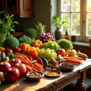 Uma mesa colorida com frutas, legumes e especiarias frescas, transmitindo a ideia de vitalidade e saúde
