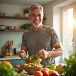 Uma pessoa vibrante e feliz, talvez na casa dos 40 anos, preparando uma salada colorida e saudável em uma cozinha bem iluminada. Ela está rindo, transmitindo uma sensação de alegria e prazer no estilo de vida saudável, mostrando que bemestar vai além do exercício físico.