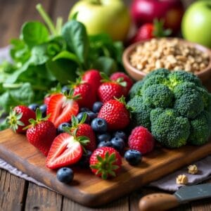 Uma variedade colorida e apetitosa de alimentos frescos e saudáveis dispostos artisticamente em uma tábua de madeira ou mesa rústica. Incluir frutas como berries, maçãs verdes, legumes como brócolis e folhas verdes, grãos integrais em uma pequena tigela e talvez nozes. A iluminação é natural e convidativa, transmitindo frescor e abundância saudável.