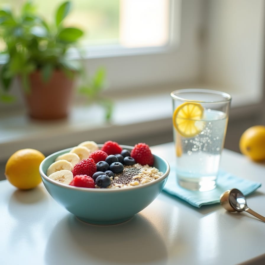 Uma pessoa preparando uma refeição prétreino colorida e balanceada, com aveia, frutas e um copo de água, em uma cozinha bem iluminada. Uma pessoa preparando uma refeição prétreino colorida e balanceada, com aveia, frutas e um copo de água, em uma cozinha bem iluminada.
