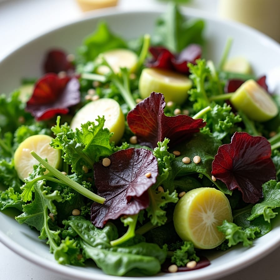 Uma saladeira vibrante cheia de vegetais de folhas escuras frescas, como couve, espinafre, rúcula e alface, com um molho leve ao lado. A imagem transmite frescor, saúde e apetite. Uma saladeira vibrante cheia de vegetais de folhas escuras frescas, como couve, espinafre, rúcula e alface, com um molho leve ao lado. A imagem transmite frescor, saúde e apetite.