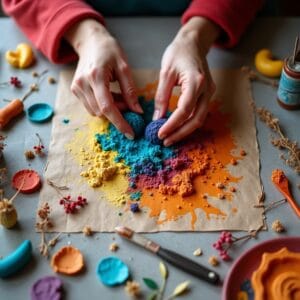 Foto vibrante em close-up das mãos de uma pessoa engajada em uma atividade manual criativa, como modelar argila, pintar com cores vivas ou costurar. O foco está na ação e na textura dos materiais, transmitindo energia e alegria.