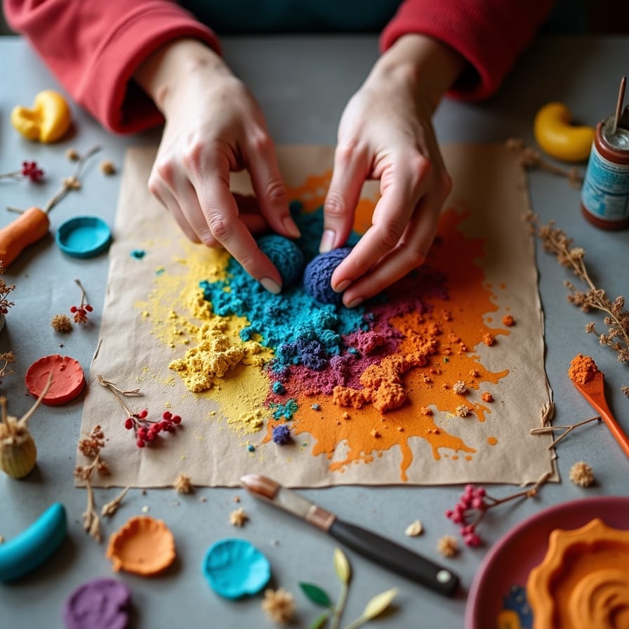 Foto vibrante em close-up das mãos de uma pessoa engajada em uma atividade manual criativa, como modelar argila, pintar com cores vivas ou costurar. O foco está na ação e na textura dos materiais, transmitindo energia e alegria. Foto vibrante em close-up das mãos de uma pessoa engajada em uma atividade manual criativa, como modelar argila, pintar com cores vivas ou costurar. O foco está na ação e na textura dos materiais, transmitindo energia e alegria.
