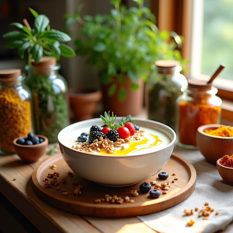 Uma tigela de iogurte com frutas vermelhas, castanhas e mel, cercada por ingredientes frescos e coloridos Uma tigela de iogurte com frutas vermelhas, castanhas e mel, cercada por ingredientes frescos e coloridos