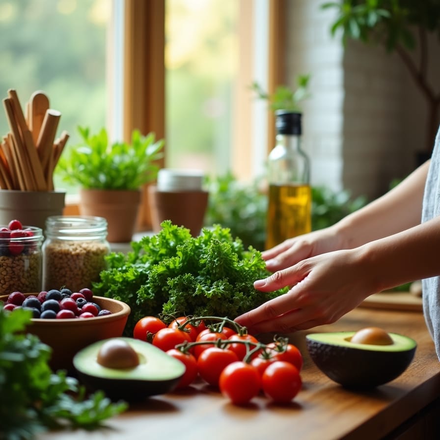 Uma cozinha iluminada e acolhedora, com luz natural entrando pela janela. Sobre uma bancada de madeira, uma variedade colorida de alimentos frescos: vegetais de folhas verdes, tomates vibrantes, abacate, frutas vermelhas, grãos integrais em potes de vidro e um azeite de oliva. As mãos de uma pessoa (sem o rosto aparecer) estão carinhosamente arrumando os alimentos, transmitindo um sentimento de cuidado e preparação. Uma cozinha iluminada e acolhedora, com luz natural entrando pela janela. Sobre uma bancada de madeira, uma variedade colorida de alimentos frescos: vegetais de folhas verdes, tomates vibrantes, abacate, frutas vermelhas, grãos integrais em potes de vidro e um azeite de oliva. As mãos de uma pessoa (sem o rosto aparecer) estão carinhosamente arrumando os alimentos, transmitindo um sentimento de cuidado e preparação.