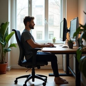 Pessoa trabalhando em uma mesa de escritório bem organizada e ergonômica, com a postura correta, cadeira ajustada, monitor na altura dos olhos e teclado e mouse próximos. A imagem transmite conforto e produtividade.