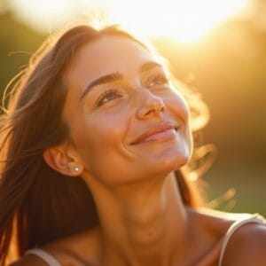 Uma mulher de pele radiante e saudável olhando para o sol com uma expressão serena e protegida. A luz do sol está suave e difusa, criando um brilho etéreo ao redor dela, sugerindo uma sensação de segurança e vitalidade. Pode ser um closeup que destaque a textura da pele e a luminosidade.