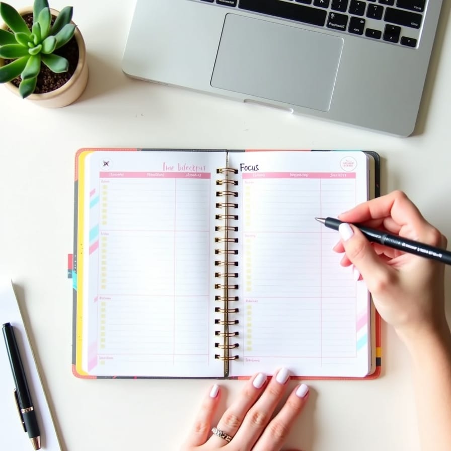 Uma visão de cima (flat lay) de uma mesa de trabalho organizada. Há um planner aberto com blocos de tempo coloridos, um laptop, uma planta pequena e uma mão escrevendo. A cena transmite uma sensação de calma, controle e produtividade. Uma visão de cima (flat lay) de uma mesa de trabalho organizada. Há um planner aberto com blocos de tempo coloridos, um laptop, uma planta pequena e uma mão escrevendo. A cena transmite uma sensação de calma, controle e produtividade.