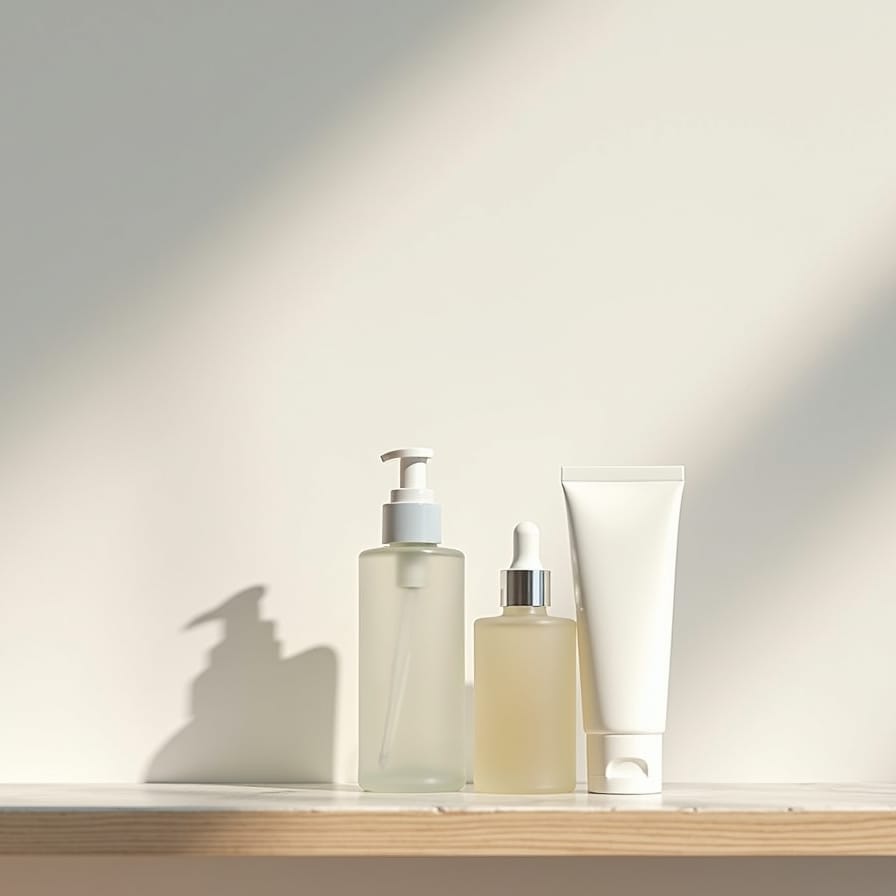 Uma prateleira de banheiro minimalista e bem iluminada, mostrando três produtos essenciais e elegantes: um frasco de sabonete facial, um sérum hidratante com contagotas e um tubo de protetor solar. A imagem deve transmitir simplicidade, eficácia e a beleza de uma rotina descomplicada. Uma prateleira de banheiro minimalista e bem iluminada, mostrando três produtos essenciais e elegantes: um frasco de sabonete facial, um sérum hidratante com contagotas e um tubo de protetor solar. A imagem deve transmitir simplicidade, eficácia e a beleza de uma rotina descomplicada.