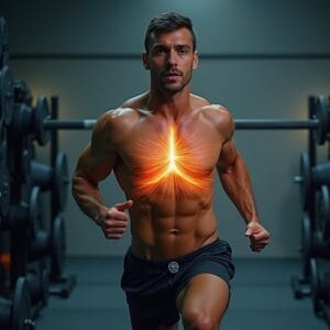 Um atleta (pode ser de corrida, musculação ou yoga) executando um movimento ou pose com uma expressão de concentração e controle, com raios de luz ou um efeito sutil que sugere fluxo de energia, simbolizando a respiração diafragmática em ação durante o exercício.