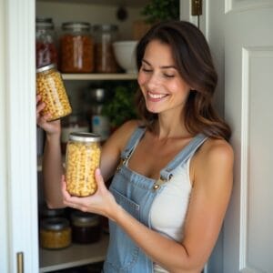 Uma pessoa com um sorriso determinado e positivo, em uma cozinha iluminada, organizando sua despensa. Ela está lendo o rótulo de um produto, simbolizando a decisão consciente de fazer escolhas mais saudáveis. A cena transmite uma sensação de empoderamento e de um novo começo.