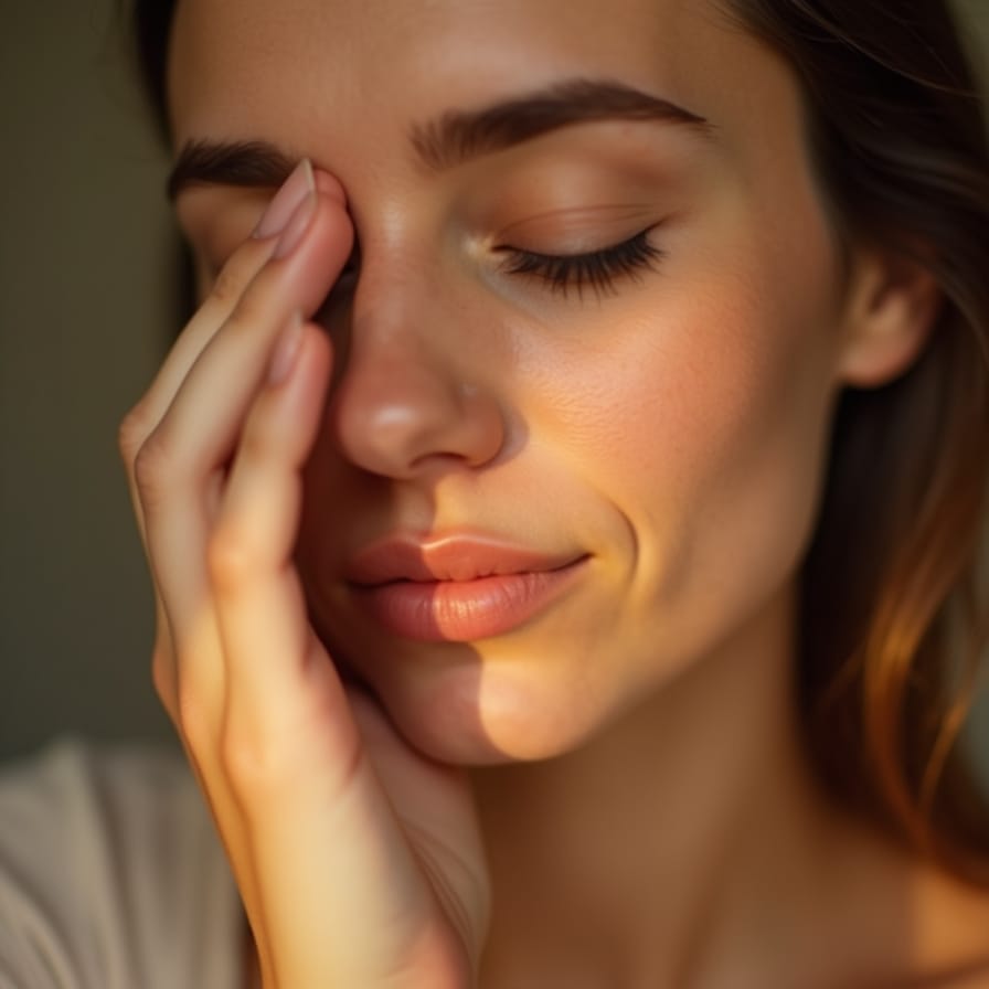 Flux_Dev_An_intimate_and_realistic_closeup_shot_of_a_womans_ha_0 Detalhe de uma mão tocando suavemente a bochecha de um rosto, em um close-up que mostra a textura da pele de forma saudável e natural. A iluminação é suave e quente, transmitindo uma sensação de cuidado, toque e autoconhecimento íntimo.