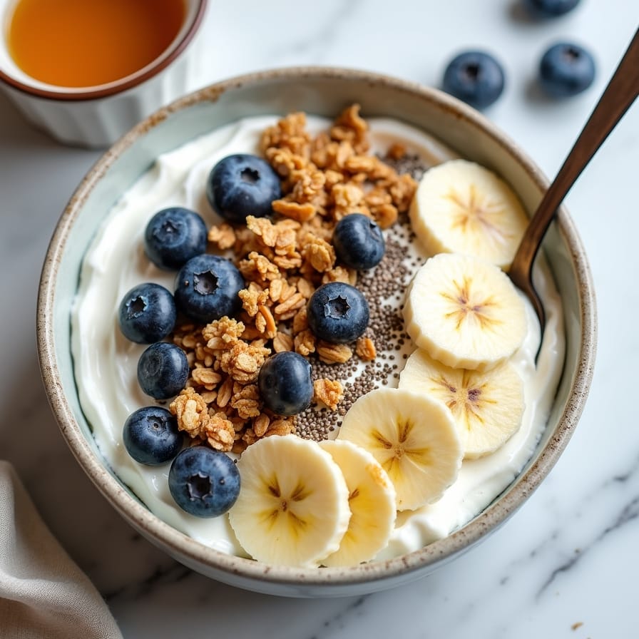Closeup de uma tigela de iogurte natural ou açaí, coberta com uma explosão de texturas e cores: granola caseira, fatias de banana, mirtilos, sementes de chia e um fio de mel. A imagem deve ser vibrante e apetitosa, focando na riqueza dos ingredientes que promovem a saúde intestinal e o bemestar. Closeup de uma tigela de iogurte natural ou açaí, coberta com uma explosão de texturas e cores: granola caseira, fatias de banana, mirtilos, sementes de chia e um fio de mel. A imagem deve ser vibrante e apetitosa, focando na riqueza dos ingredientes que promovem a saúde intestinal e o bemestar.