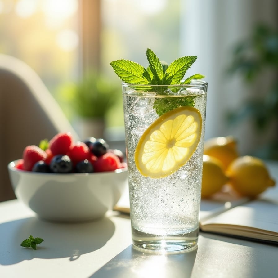 Um close-up convidativo de um copo de água fresca com rodelas de limão e folhas de hortelã, em foco suave, com o fundo desfocado mostrando uma mesa com uma tigela de frutas coloridas e um notebook. Transmite uma sensação de frescor, pureza e bem-estar aliado à produtividade. Um close-up convidativo de um copo de água fresca com rodelas de limão e folhas de hortelã, em foco suave, com o fundo desfocado mostrando uma mesa com uma tigela de frutas coloridas e um notebook. Transmite uma sensação de frescor, pureza e bem-estar aliado à produtividade.