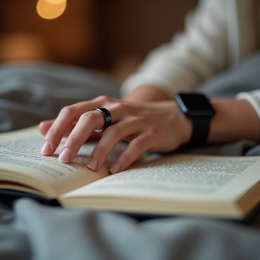 Closeup de um anel inteligente (como o Oura Ring) no dedo de uma pessoa, que está lendo um livro na cama. Ao fundo, desfocado, um smartwatch em um pulso. A imagem transmite a ideia de tecnologia discreta e integrada ao estilo de vida, focada no bemestar. Closeup de um anel inteligente (como o Oura Ring) no dedo de uma pessoa, que está lendo um livro na cama. Ao fundo, desfocado, um smartwatch em um pulso. A imagem transmite a ideia de tecnologia discreta e integrada ao estilo de vida, focada no bemestar.