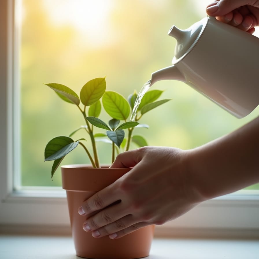 Uma pessoa regando plantas em um vaso no parapeito de uma janela, com luz natural preenchendo o ambiente. A imagem evoca cuidado, paciência e a beleza das pequenas ações diárias, sugerindo um momento de conexão com a natureza e com o presente. Uma pessoa regando plantas em um vaso no parapeito de uma janela, com luz natural preenchendo o ambiente. A imagem evoca cuidado, paciência e a beleza das pequenas ações diárias, sugerindo um momento de conexão com a natureza e com o presente.