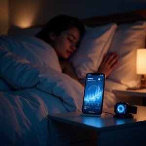 Uma imagem aconchegante e serena de uma pessoa dormindo tranquilamente em uma cama confortável. Ao lado, em uma mesa de cabeceira moderna, um smartphone exibe um gráfico de sono colorido e um smartwatch está carregando. A iluminação é suave e noturna, criando uma atmosfera de paz e tecnologia a serviço do bemestar.