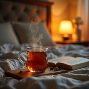 Uma cena noturna aconchegante e calorosa. Close em uma mesinha de cabeceira onde há uma xícara de chá de ervas fumegante, um livro de capa bonita e um pequeno abajur emitindo uma luz amarela e suave. O ambiente transmite relaxamento, calma e preparação para um sono reparador.