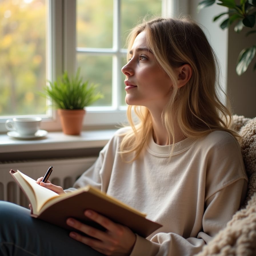 Uma pessoa sentada confortavelmente em uma poltrona macia, com um caderno aberto e uma caneta na mão, olhando para fora de uma janela com um sorriso sereno. O ambiente é acolhedor, com luz natural suave, talvez com uma planta por perto, transmitindo uma sensação de clareza, paz e foco estratégico, sem estresse. Cores quentes e convidativas. Uma pessoa sentada confortavelmente em uma poltrona macia, com um caderno aberto e uma caneta na mão, olhando para fora de uma janela com um sorriso sereno. O ambiente é acolhedor, com luz natural suave, talvez com uma planta por perto, transmitindo uma sensação de clareza, paz e foco estratégico, sem estresse. Cores quentes e convidativas.