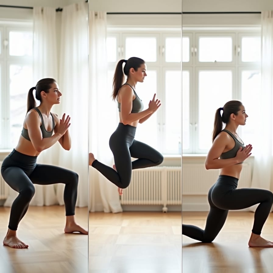Uma imagem dinâmica em formato de colagem com três painéis. No primeiro, uma pessoa fazendo um agachamento perfeito em casa (Força). No segundo, a mesma pessoa em meio a um polichinelo energético (Cardio). No terceiro, ela está em uma postura de alongamento, calma e focada (Flexibilidade). O visual é limpo, brilhante e motivador. Uma imagem dinâmica em formato de colagem com três painéis. No primeiro, uma pessoa fazendo um agachamento perfeito em casa (Força). No segundo, a mesma pessoa em meio a um polichinelo energético (Cardio). No terceiro, ela está em uma postura de alongamento, calma e focada (Flexibilidade). O visual é limpo, brilhante e motivador.