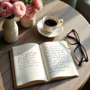 Caderno aberto com anotações de metas diárias e uma xícara de café ao lado, em uma mesa organizada