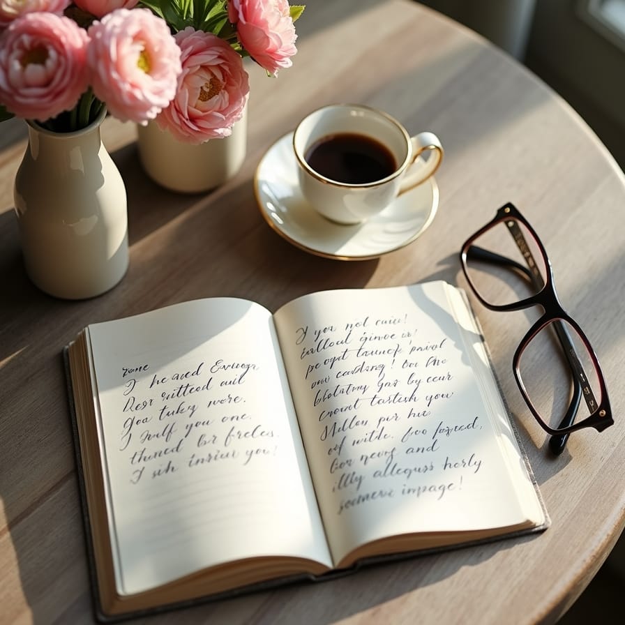 Caderno aberto com anotações de metas diárias e uma xícara de café ao lado, em uma mesa organizada Caderno aberto com anotações de metas diárias e uma xícara de café ao lado, em uma mesa organizada