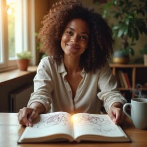 Uma pessoa sentada em um ambiente aconchegante, com uma xícara de chá ao lado, olhando para um caderno com uma expressão de clareza e determinação. A luz da manhã entra pela janela, simbolizando um novo começo e a transformação de pensamentos caóticos em um plano de ação claro.