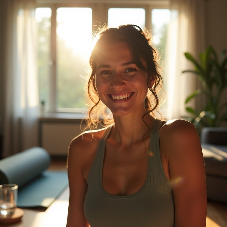 Uma imagem inspiradora e realista de uma pessoa (homem ou mulher) com um sorriso genuíno, em roupa de ginástica, terminando uma sessão de exercícios em sua sala de estar. O ambiente é iluminado pela luz natural da janela e, ao fundo, vemos um tapete de ioga e um copo d'água. A sensação é de dever cumprido e bemestar, não de exaustão. Uma imagem inspiradora e realista de uma pessoa (homem ou mulher) com um sorriso genuíno, em roupa de ginástica, terminando uma sessão de exercícios em sua sala de estar. O ambiente é iluminado pela luz natural da janela e, ao fundo, vemos um tapete de ioga e um copo d'água. A sensação é de dever cumprido e bemestar, não de exaustão.