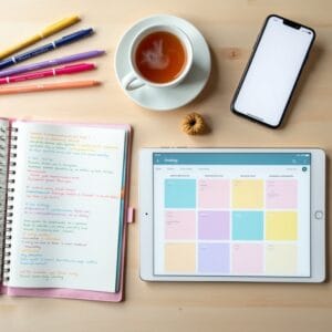 Uma composição visual harmoniosa mostrando uma variedade de ferramentas de planejamento: um planner físico aberto com anotações coloridas, um tablet exibindo um calendário digital com blocos de tempo, um celular com um aplicativo de lista de tarefas e um copo de chá fumegante ao lado, tudo em uma mesa de madeira clara com luz natural. Transmite uma atmosfera de eficiência e serenidade.