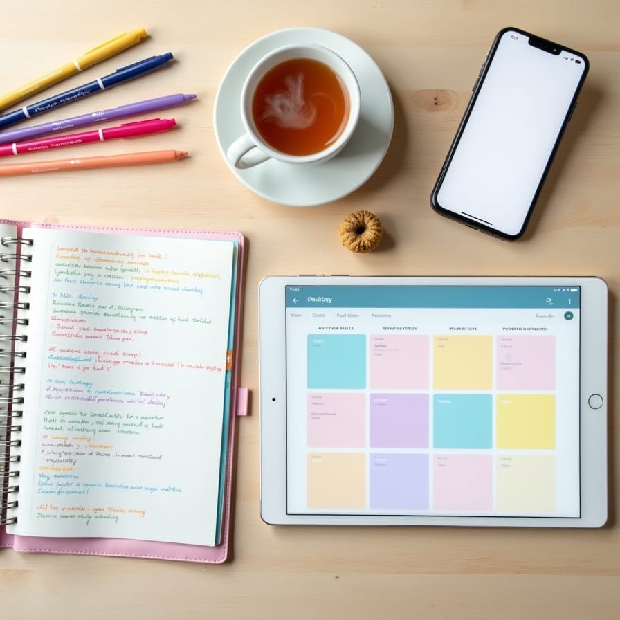 Uma composição visual harmoniosa mostrando uma variedade de ferramentas de planejamento: um planner físico aberto com anotações coloridas, um tablet exibindo um calendário digital com blocos de tempo, um celular com um aplicativo de lista de tarefas e um copo de chá fumegante ao lado, tudo em uma mesa de madeira clara com luz natural. Transmite uma atmosfera de eficiência e serenidade. Uma composição visual harmoniosa mostrando uma variedade de ferramentas de planejamento: um planner físico aberto com anotações coloridas, um tablet exibindo um calendário digital com blocos de tempo, um celular com um aplicativo de lista de tarefas e um copo de chá fumegante ao lado, tudo em uma mesa de madeira clara com luz natural. Transmite uma atmosfera de eficiência e serenidade.