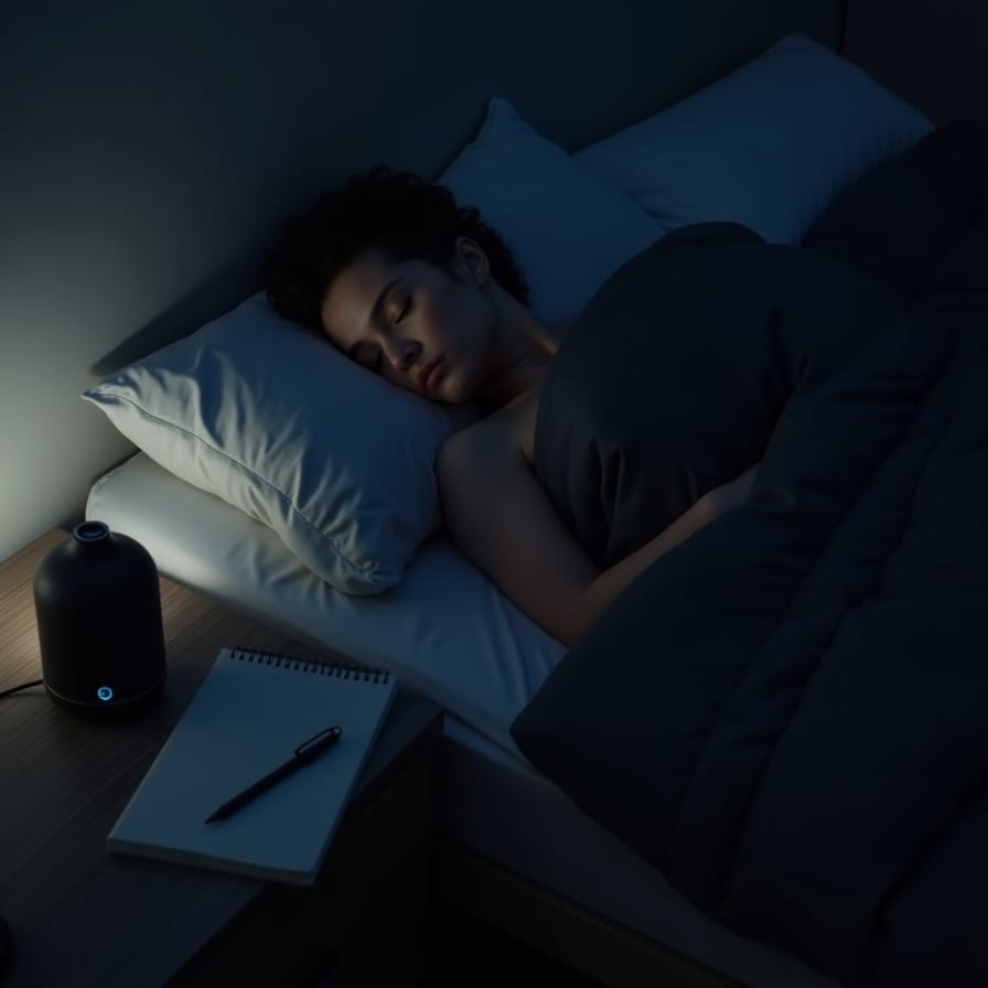 Uma visão de cima de um quarto aconchegante e escuro. Vemos uma pessoa dormindo pacificamente sob um cobertor pesado (weighted blanket). Na mesinha de cabeceira, um difusor de aromaterapia solta uma névoa suave e um diário com uma caneta repousa ao lado. Uma visão de cima de um quarto aconchegante e escuro. Vemos uma pessoa dormindo pacificamente sob um cobertor pesado (weighted blanket). Na mesinha de cabeceira, um difusor de aromaterapia solta uma névoa suave e um diário com uma caneta repousa ao lado.