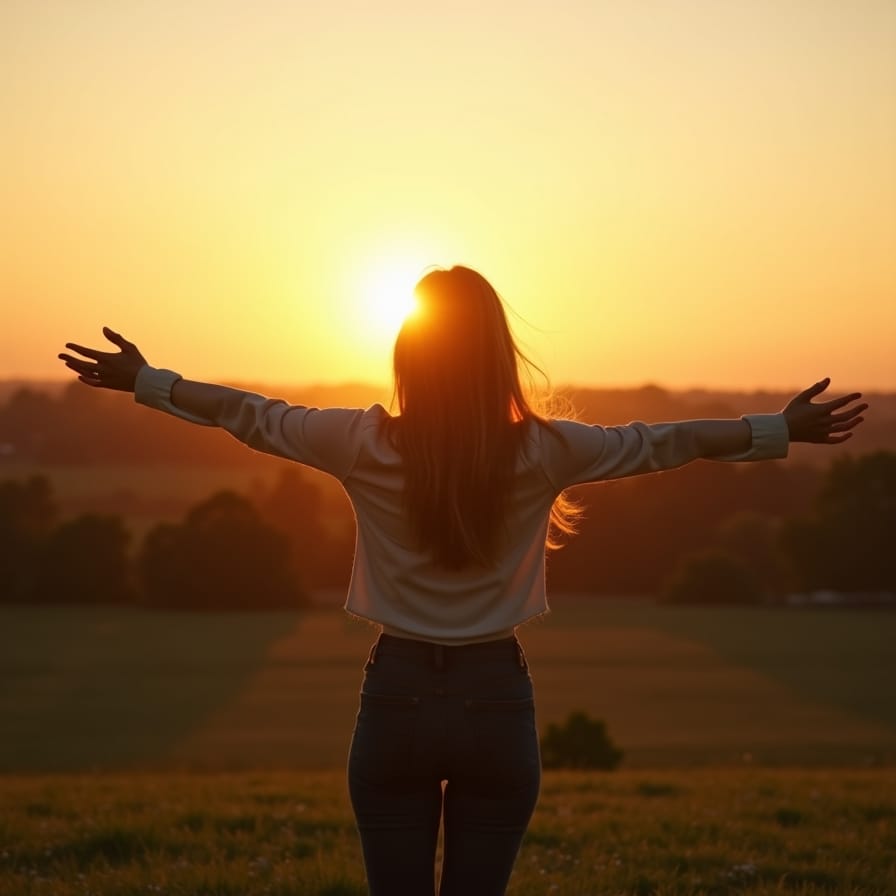Uma pessoa, de costas, em um parque ensolarado, com os braços abertos, olhando para um horizonte de árvores e um céu azul. A imagem transmite uma sensação de liberdade, alívio, paz e conexão com a natureza, simbolizando o bem-estar mental alcançado através do movimento e do ar livre. Cores vibrantes e iluminação suave. Uma pessoa, de costas, em um parque ensolarado, com os braços abertos, olhando para um horizonte de árvores e um céu azul. A imagem transmite uma sensação de liberdade, alívio, paz e conexão com a natureza, simbolizando o bem-estar mental alcançado através do movimento e do ar livre. Cores vibrantes e iluminação suave.