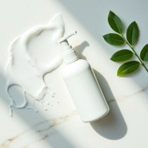 Uma imagem ultra limpa e fresca. Um gel de limpeza transparente e suave sendo espremido de um frasco minimalista, criando uma espuma delicada sobre uma superfície de mármore branco. Ao lado, folhas de chá verde frescas e um splash de água cristalina. A iluminação é clara e natural, evocando pureza e eficácia.