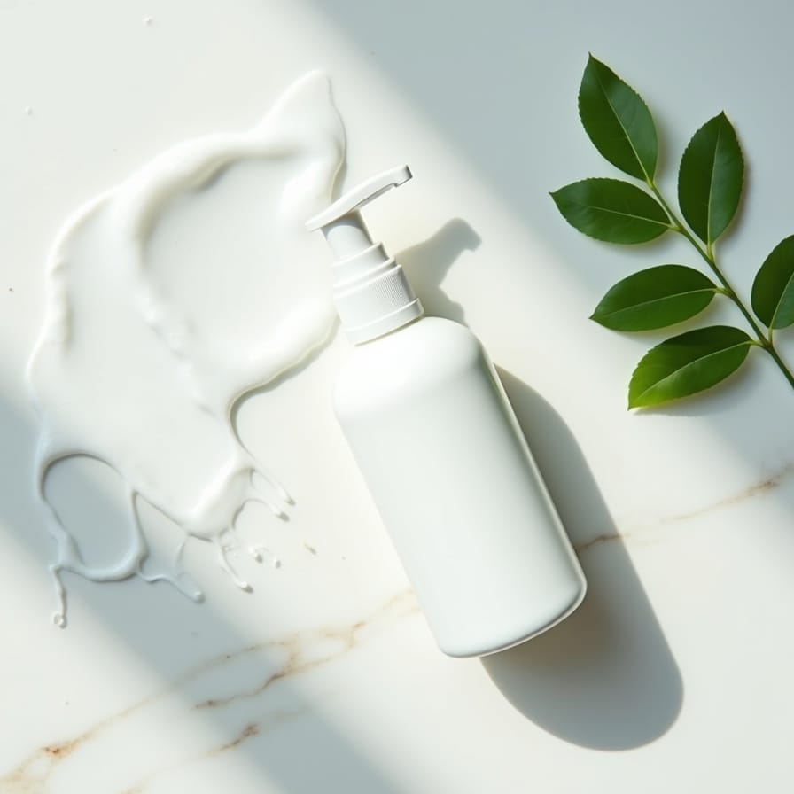 Uma imagem ultra limpa e fresca. Um gel de limpeza transparente e suave sendo espremido de um frasco minimalista, criando uma espuma delicada sobre uma superfície de mármore branco. Ao lado, folhas de chá verde frescas e um splash de água cristalina. A iluminação é clara e natural, evocando pureza e eficácia. Uma imagem ultra limpa e fresca. Um gel de limpeza transparente e suave sendo espremido de um frasco minimalista, criando uma espuma delicada sobre uma superfície de mármore branco. Ao lado, folhas de chá verde frescas e um splash de água cristalina. A iluminação é clara e natural, evocando pureza e eficácia.