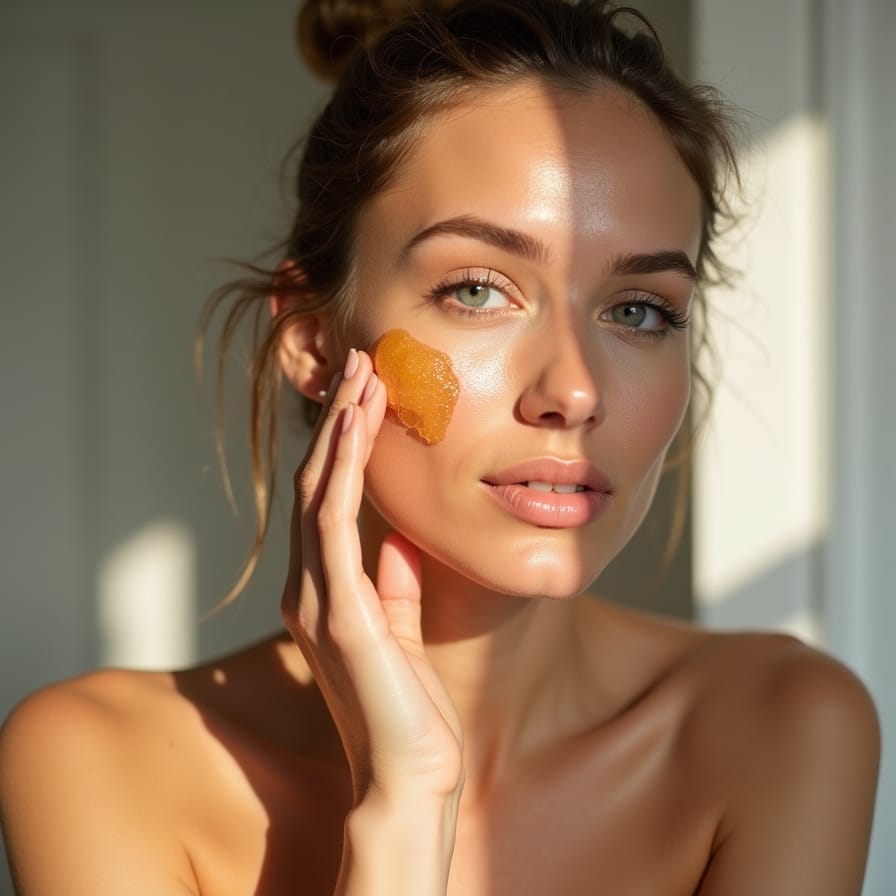 Uma imagem serena e esteticamente agradável de uma pessoa massageando suavemente um óleo de limpeza no rosto seco. A iluminação é suave e natural, transmitindo uma sensação de ritual e autocuidado. Foco nas texturas do óleo e na expressão relaxada da pessoa. Uma imagem serena e esteticamente agradável de uma pessoa massageando suavemente um óleo de limpeza no rosto seco. A iluminação é suave e natural, transmitindo uma sensação de ritual e autocuidado. Foco nas texturas do óleo e na expressão relaxada da pessoa.