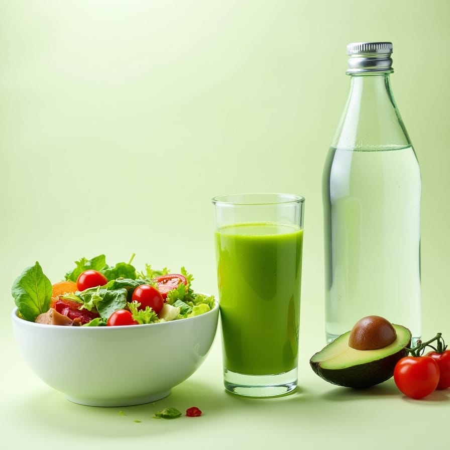 Closeup de um copo de smoothie verde vibrante ao lado de uma tigela de salada colorida e um galão de água. A cena é bem iluminada e fresca, transmitindo a ideia de que a alimentação e a hidratação são partes deliciosas e essenciais do processo para chapar a barriga. Closeup de um copo de smoothie verde vibrante ao lado de uma tigela de salada colorida e um galão de água. A cena é bem iluminada e fresca, transmitindo a ideia de que a alimentação e a hidratação são partes deliciosas e essenciais do processo para chapar a barriga.