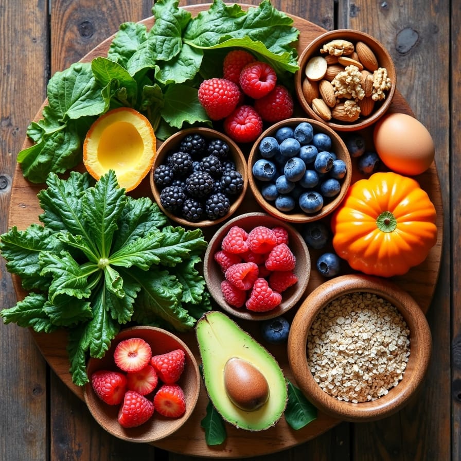 Uma composição vibrante e apetitosa de alimentos frescos e coloridos dispostos sobre uma mesa de madeira clara. Inclui frutas (maçãs, mirtilos, laranjas), vegetais (espinafre, brócolis, cenouras), grãos integrais (aveia, quinoa), nozes e sementes. A luz natural realça a frescura dos alimentos, transmitindo uma sensação de vitalidade, saúde e abundância. Uma composição vibrante e apetitosa de alimentos frescos e coloridos dispostos sobre uma mesa de madeira clara. Inclui frutas (maçãs, mirtilos, laranjas), vegetais (espinafre, brócolis, cenouras), grãos integrais (aveia, quinoa), nozes e sementes. A luz natural realça a frescura dos alimentos, transmitindo uma sensação de vitalidade, saúde e abundância.