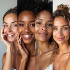 Uma composição visualmente bonita com quatro mulheres de etnias diversas, cada uma representando um tipo de pele: uma com um brilho saudável (normal), outra com um toque suave na bochecha (seca), uma com a pele visivelmente luminosa na zona T (oleosa) e outra com uma expressão equilibrada (mista). O fundo é neutro e elegante.