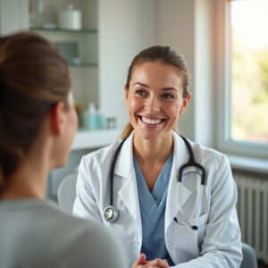 Foto de um(a) dermatologista amigável conversando com um(a) paciente em um consultório claro e acolhedor. Ambos estão sorrindo, transmitindo uma sensação de confiança, parceria e cuidado.