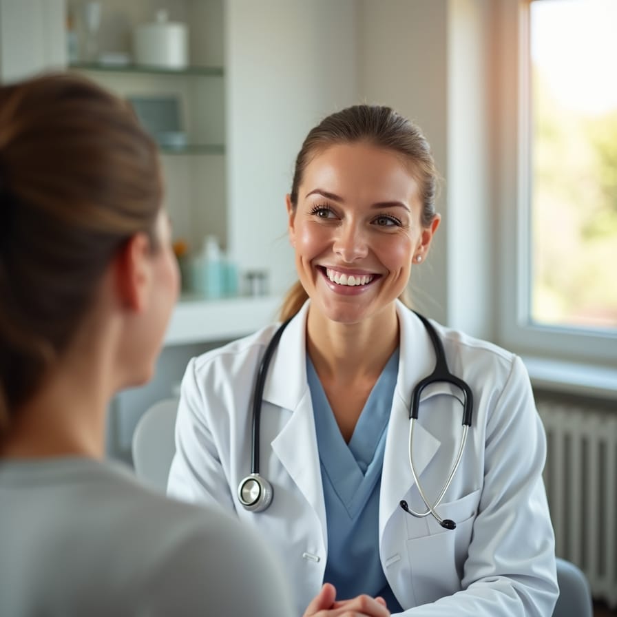 Foto de um(a) dermatologista amigável conversando com um(a) paciente em um consultório claro e acolhedor. Ambos estão sorrindo, transmitindo uma sensação de confiança, parceria e cuidado. Foto de um(a) dermatologista amigável conversando com um(a) paciente em um consultório claro e acolhedor. Ambos estão sorrindo, transmitindo uma sensação de confiança, parceria e cuidado.