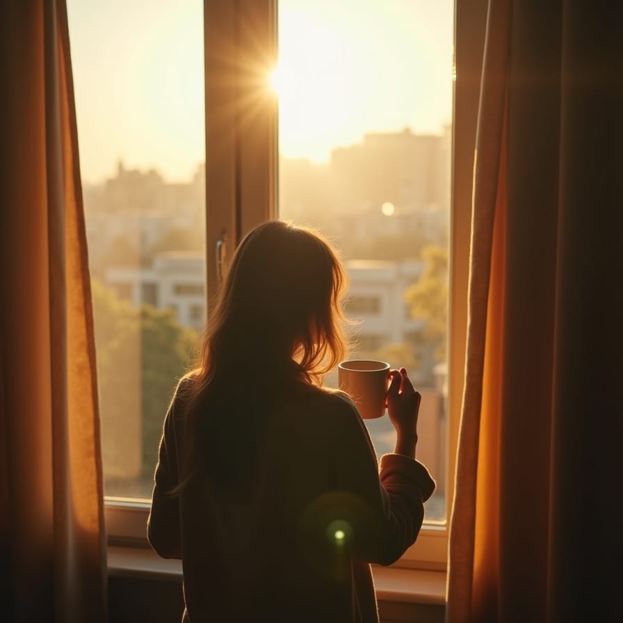 Uma pessoa, vista de costas, segurando uma xícara quente enquanto olha pela janela em uma manhã de luz suave. A cena transmite calma, esperança e um momento de introspecção pacífica. Uma pessoa, vista de costas, segurando uma xícara quente enquanto olha pela janela em uma manhã de luz suave. A cena transmite calma, esperança e um momento de introspecção pacífica.