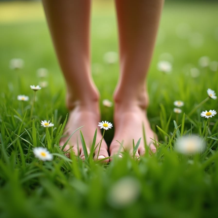 Um close em ângulo baixo dos pés descalços de uma pessoa sobre a grama verde e fresca. A imagem evoca uma sensação de aterramento, conexão com a natureza e presença no momento. Um close em ângulo baixo dos pés descalços de uma pessoa sobre a grama verde e fresca. A imagem evoca uma sensação de aterramento, conexão com a natureza e presença no momento.