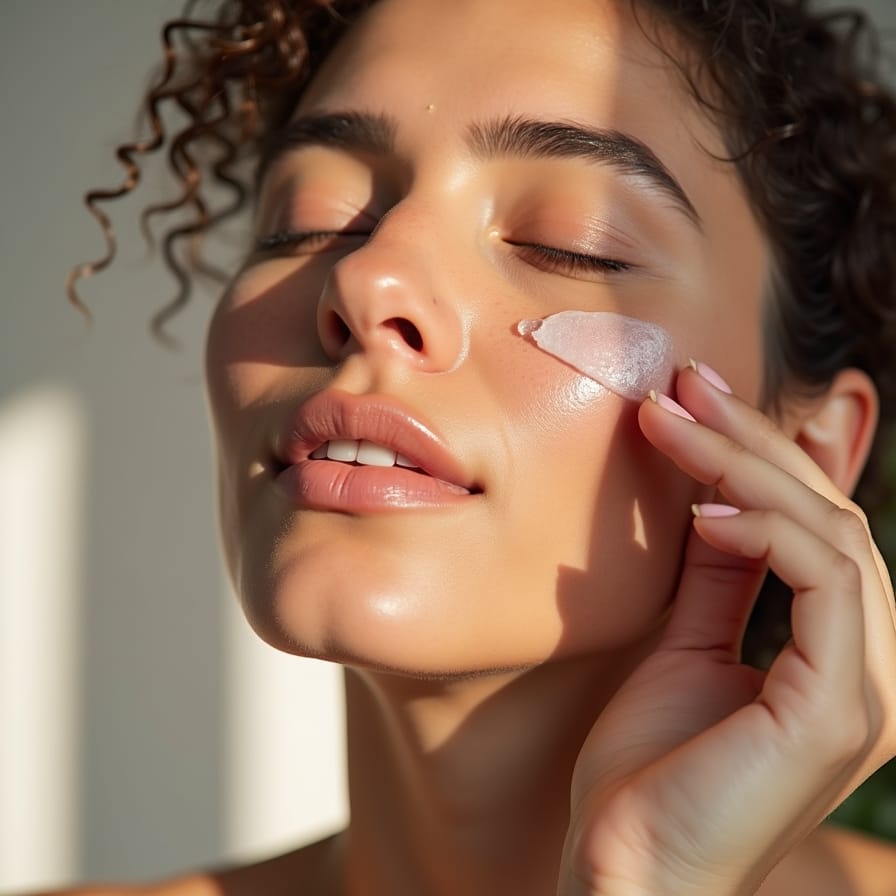 Closeup de uma mulher com os olhos fechados, com um sorriso sereno, enquanto aplica um sérum translúcido no rosto. A pele dela parece úmida e luminosa, transmitindo uma sensação de alívio e prazer. A iluminação é suave e natural. Closeup de uma mulher com os olhos fechados, com um sorriso sereno, enquanto aplica um sérum translúcido no rosto. A pele dela parece úmida e luminosa, transmitindo uma sensação de alívio e prazer. A iluminação é suave e natural.